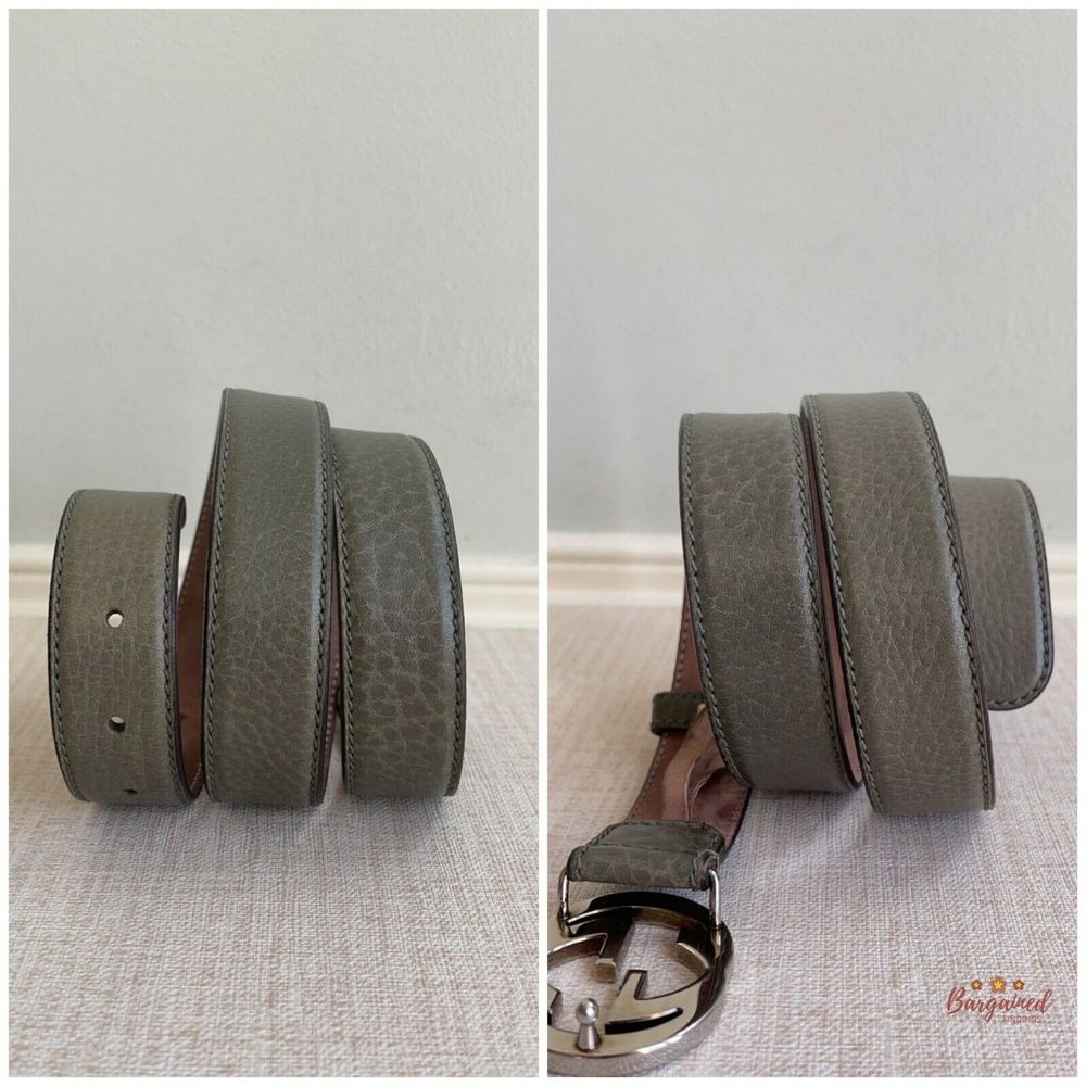 Authentic GUCCI Greenish-Gray Leather Silver Interlocking G Buckle Belt 85/34 - Picture 8 of 13
